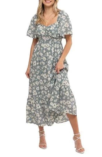 Floral Sage Green Midi Dress with Sweetheart Neckline and Flutter Sleeves | Image
