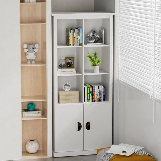 white-bookcase-with-doors-floor-standing-5-shelf-bookshelf-storage-cabinet-for-living-room-4-tier-1