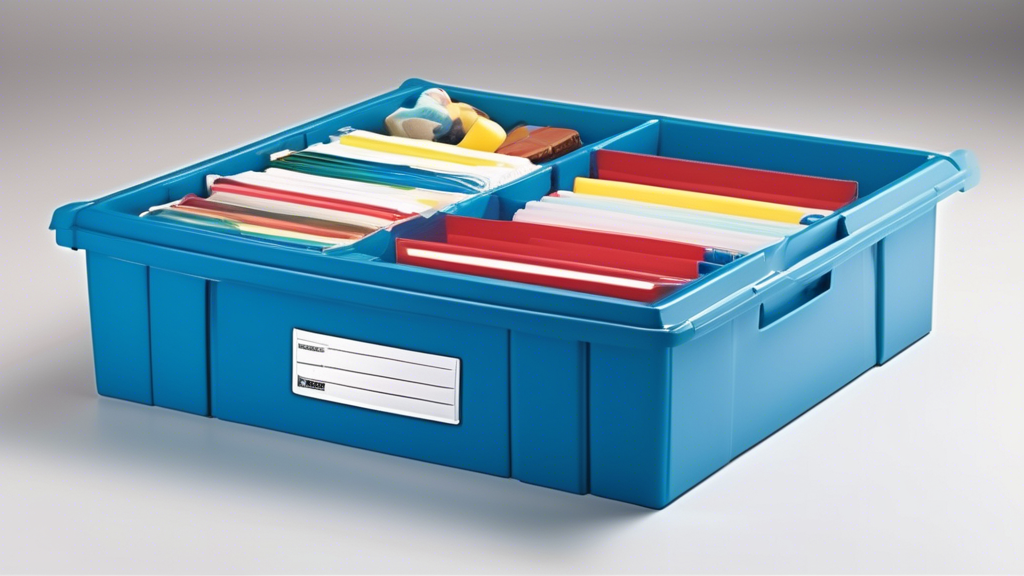 Create an image of a Snap-N-Store storage box, showcasing its durability and sleek design. The image should depict the storage box filled with various items, neatly organized and easily accessible. The box should be shown in a home or office setting, highlighting its versatile use for storing documents, supplies, and personal items. The design of the storage box should convey a sense of durability and reliability, appealing to individuals looking for long-lasting storage solutions.