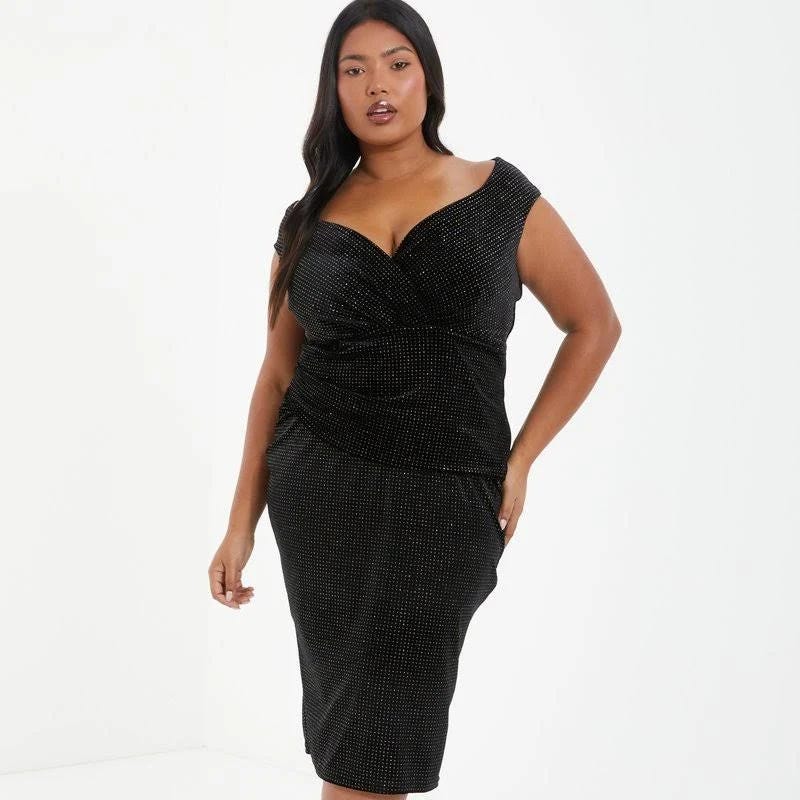 Curvy Plus Size Velvet Midi Glitter Dress in Black | Image