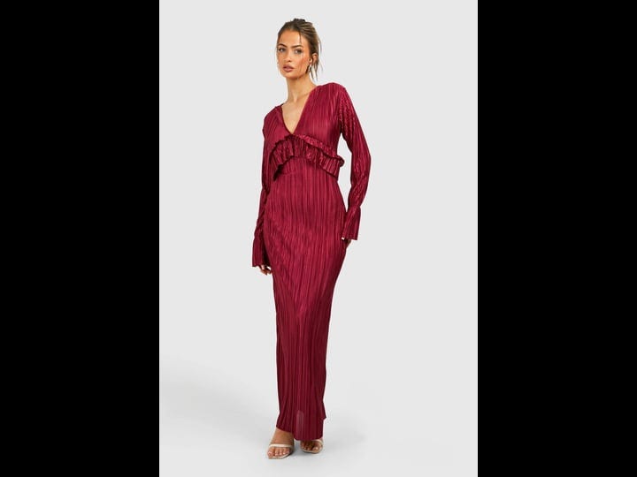 boohoo-plisse-long-sleeve-ruffle-detail-maxi-dress-red-size-15