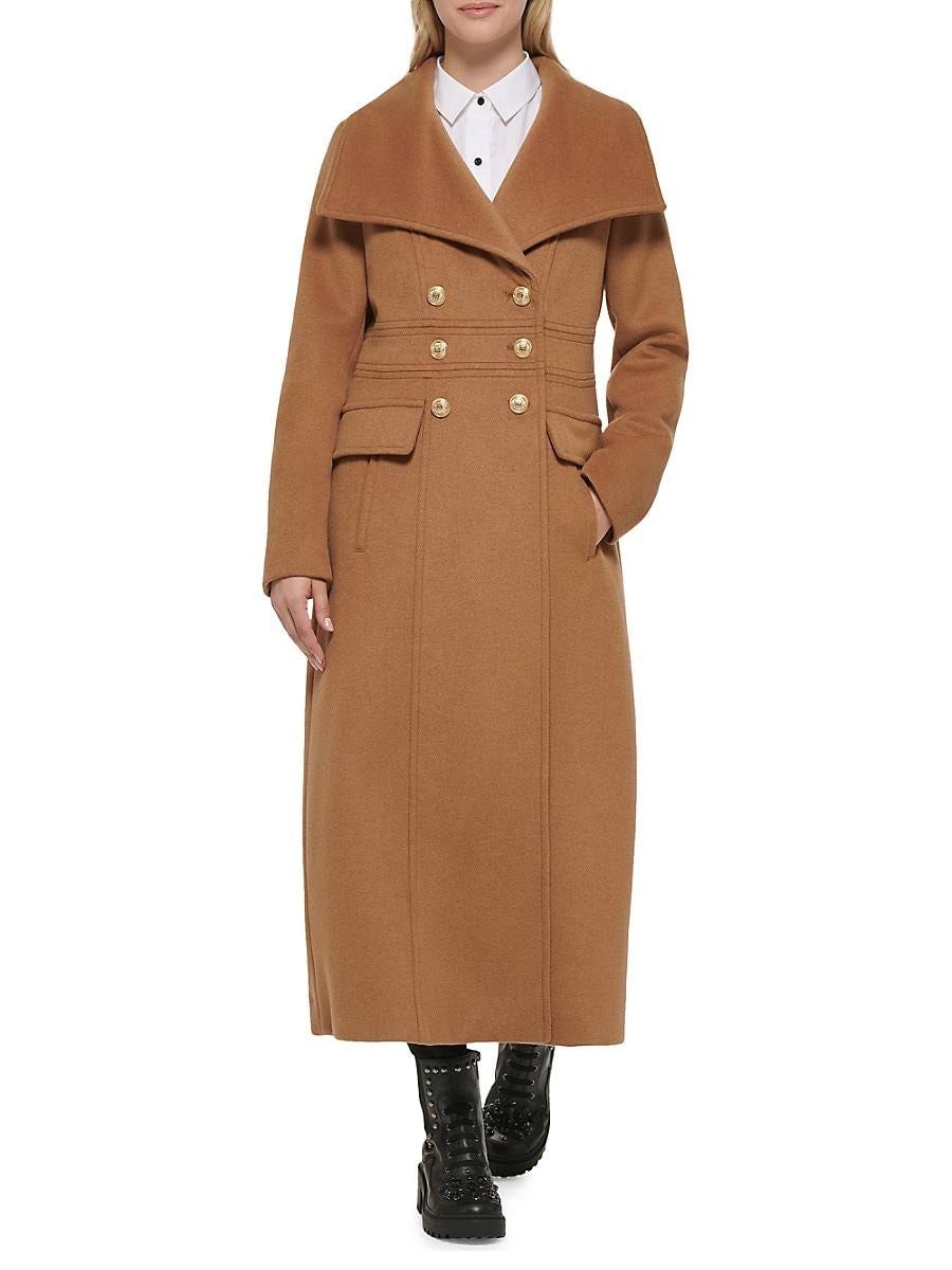 Karl Lagerfeld Paris Camel Double-Breasted Military Coat - Size XS | Image