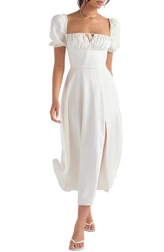 Stylish white puff sleeve midi dress for women | Image