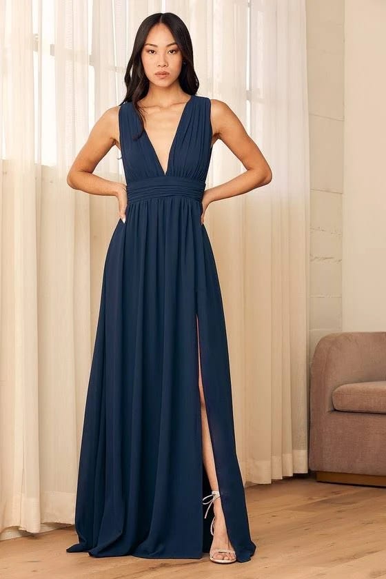 Heavenly Hues Navy Blue Maxi Dress: Elegant Formal Fit with Georgette Fabric | Image