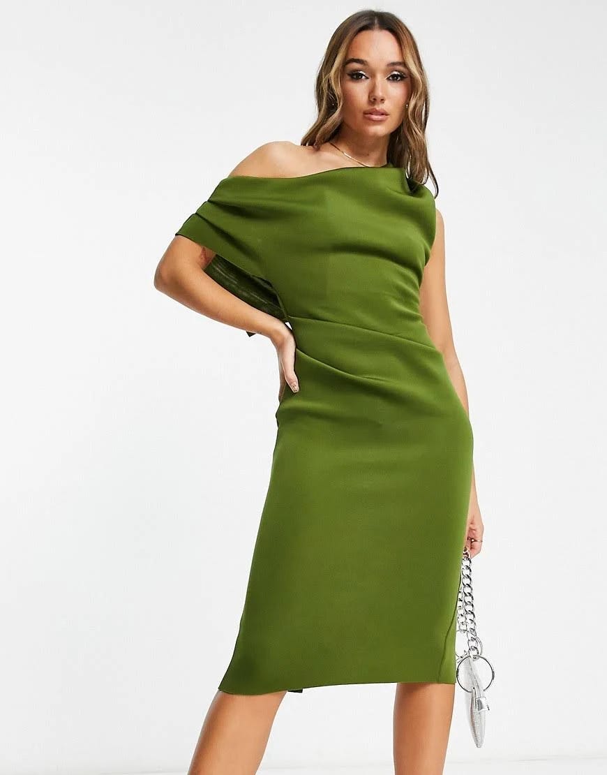 Dark Olive Green Fallen Shoulder Pleat Midi Dress | Image