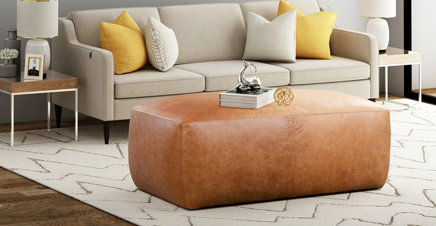 Cognac Tan Denver Leather Ottoman: Rustic & Contemporary Footrest and Seating | Image