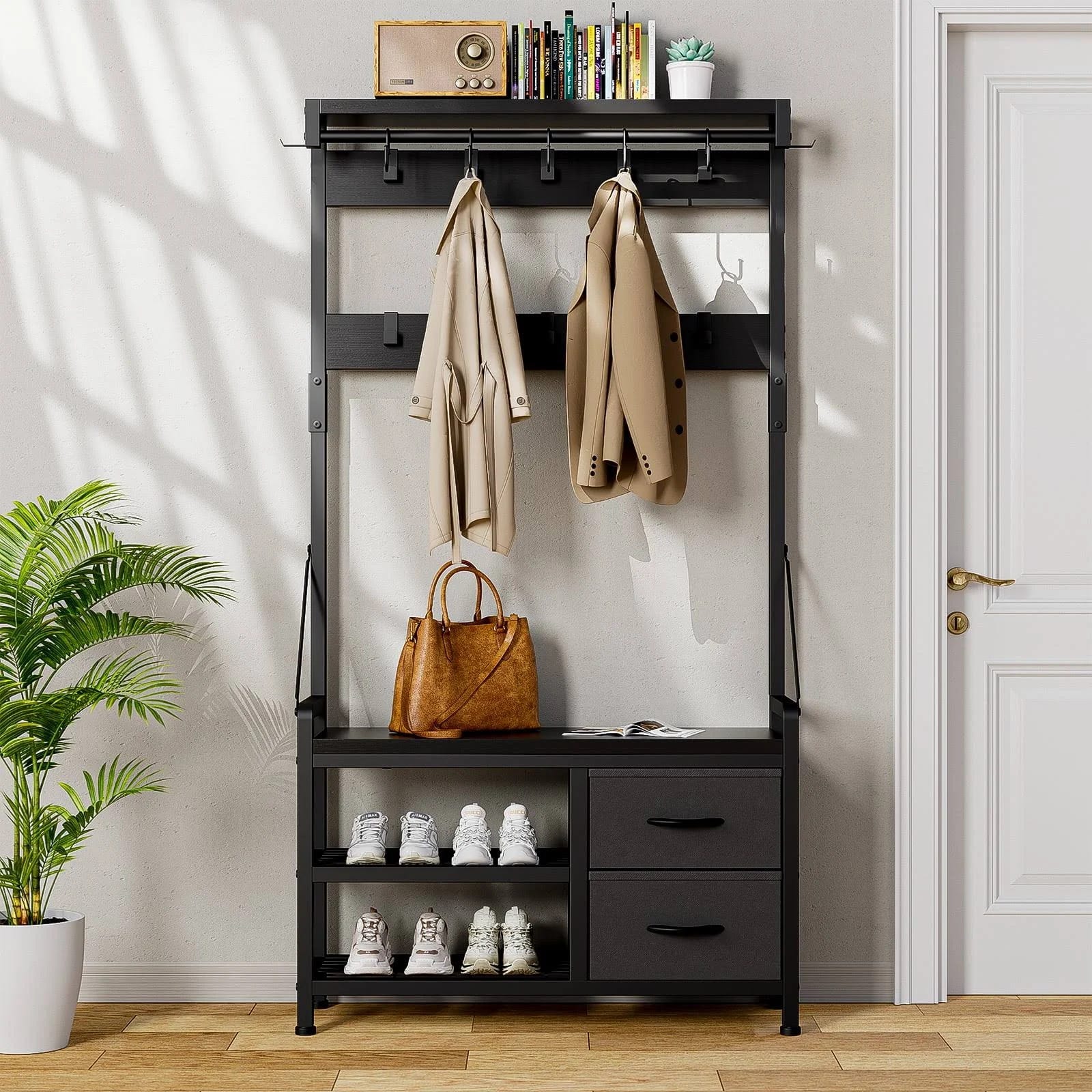 Rustic Hallway Furniture: 4-in-1 Entryway Coat Rack with Shoe Storage and Drawers | Image