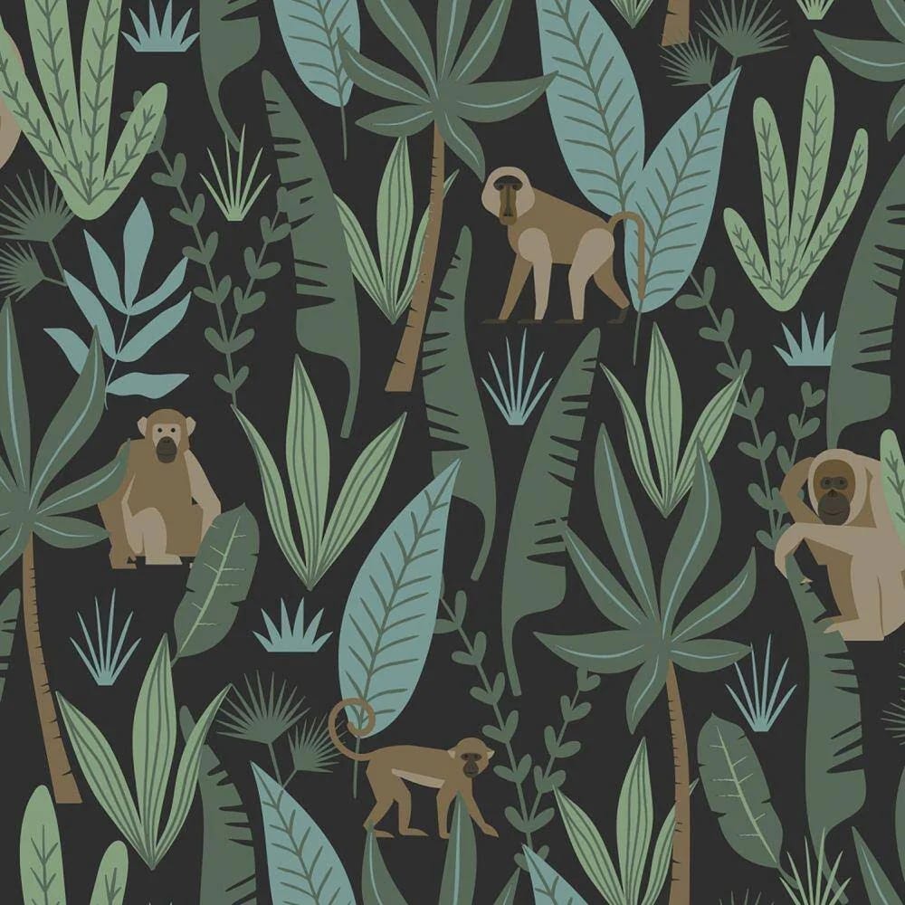 Whimsical Macaque Dark Green Monkey Wallpaper | Image