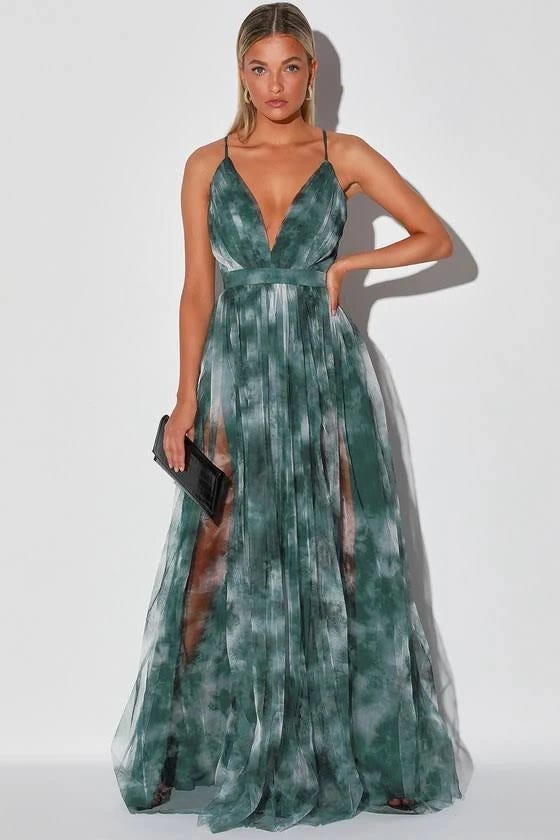 Emerald Green Tie-Dye Maxi Dress with Plunging V-Neck and Open Back | Image