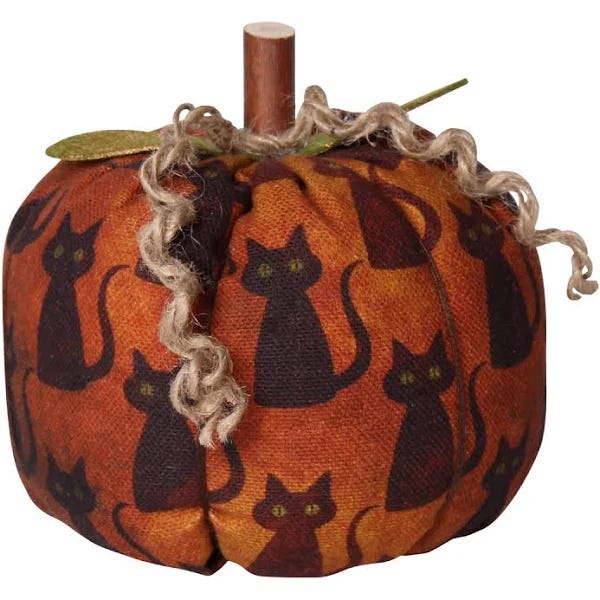 Black Cat Fabric Pumpkin with Wood Stem and Leaves | Image