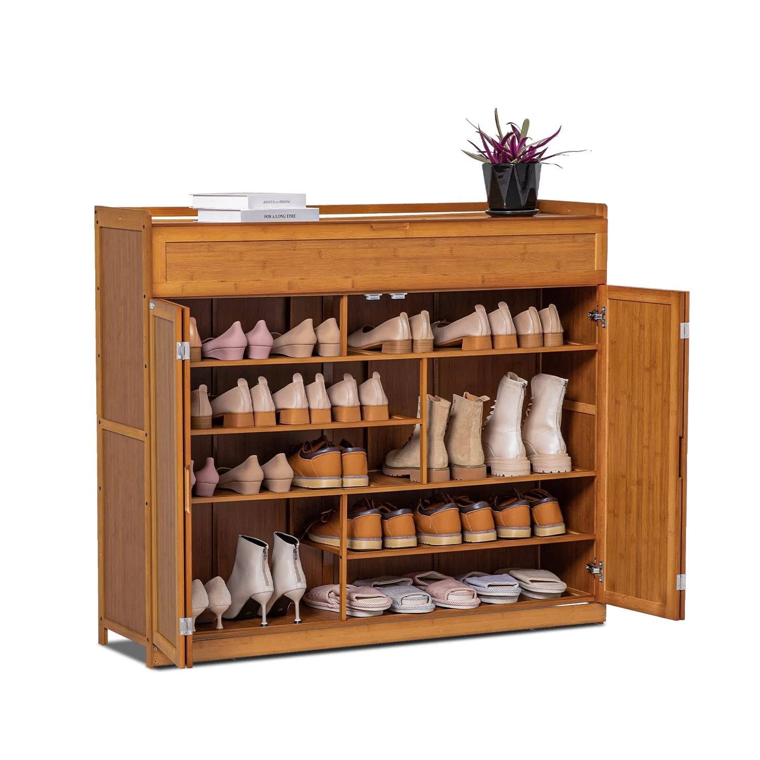 Tall Bamboo Shoe Rack with 6 Tiers and Folding Doors | Image