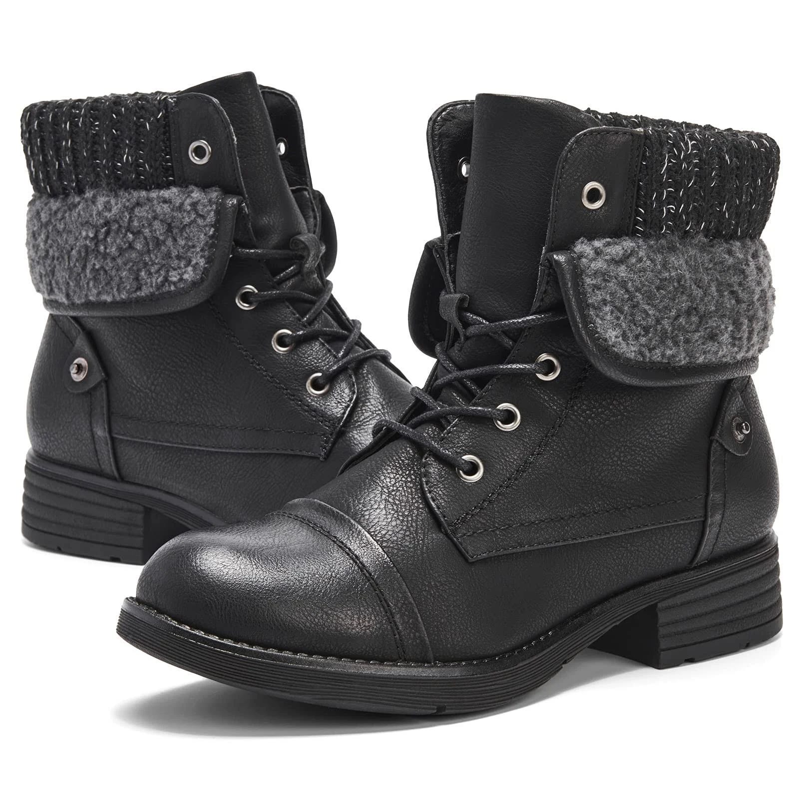 Elegant Vegan Lace-Up Combat Booties with Fur | Image