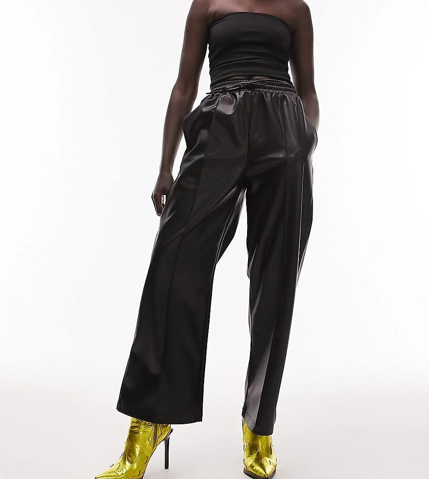 Black Faux Leather High-Rise Straight Leg Pants with Elastic Waist | Image