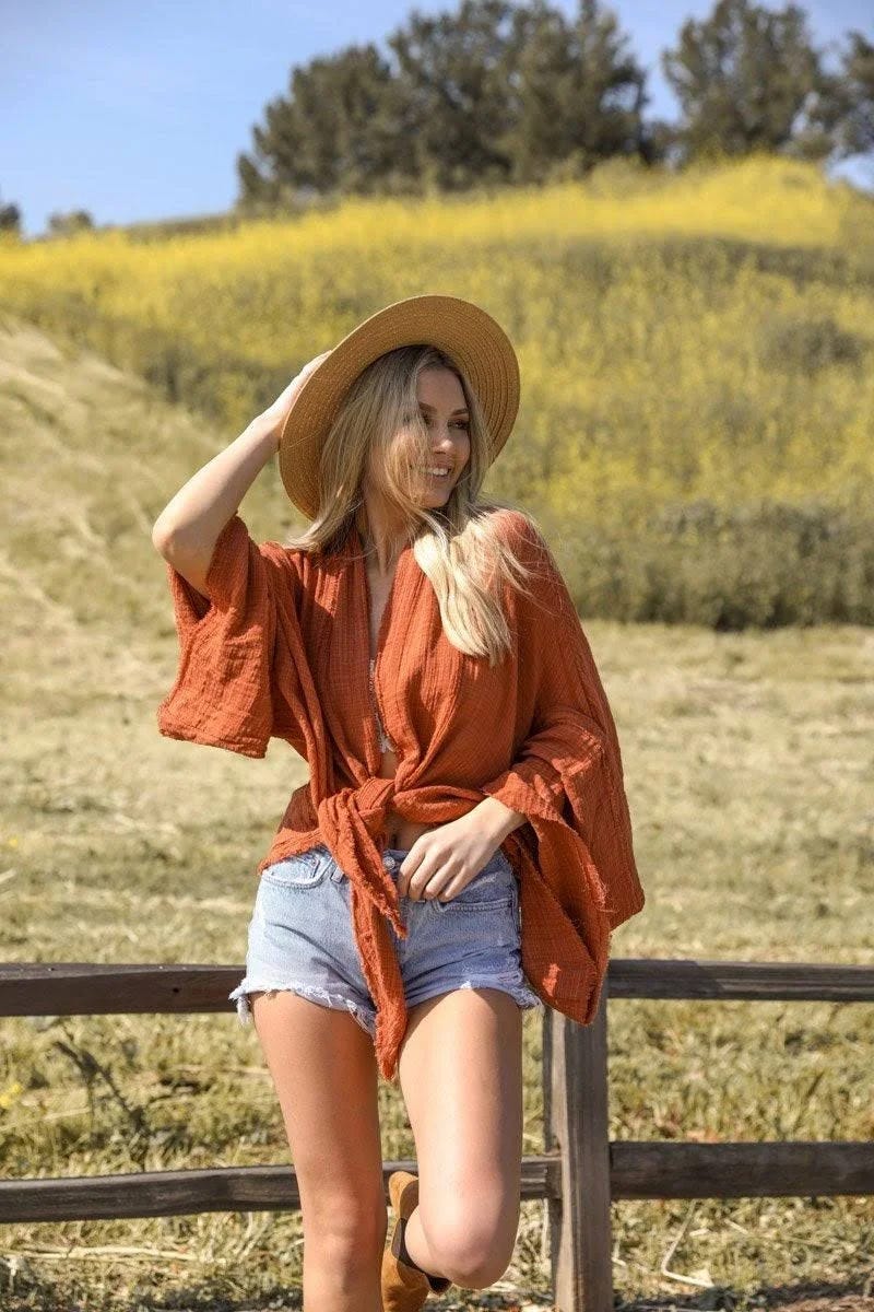 Lightweight Flounce Sleeve Kimono Wrap in Rust | Image