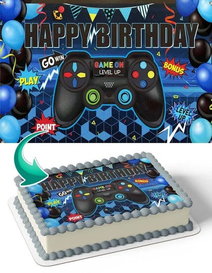 cakecery-game-one-level-up-gamer-hg-edible-cake-image-topper-birthday-cake-banner-1-4-sheet-1