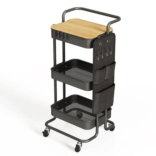 dtk-3-tier-metal-utility-rolling-cart-with-table-top-and-side-bags-tray-storage-organizer-wheels-art-1