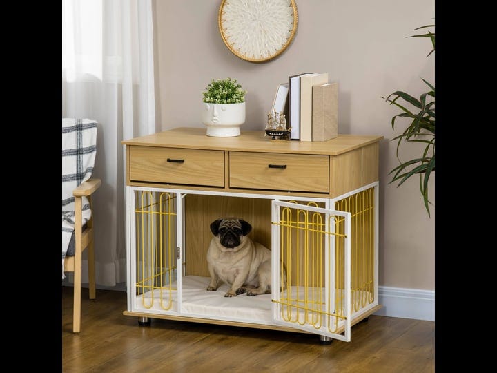 pawhut-modern-medium-dog-crate-end-table-with-soft-cushion-2-drawers-dog-crate-bed-indoor-dog-kennel-1
