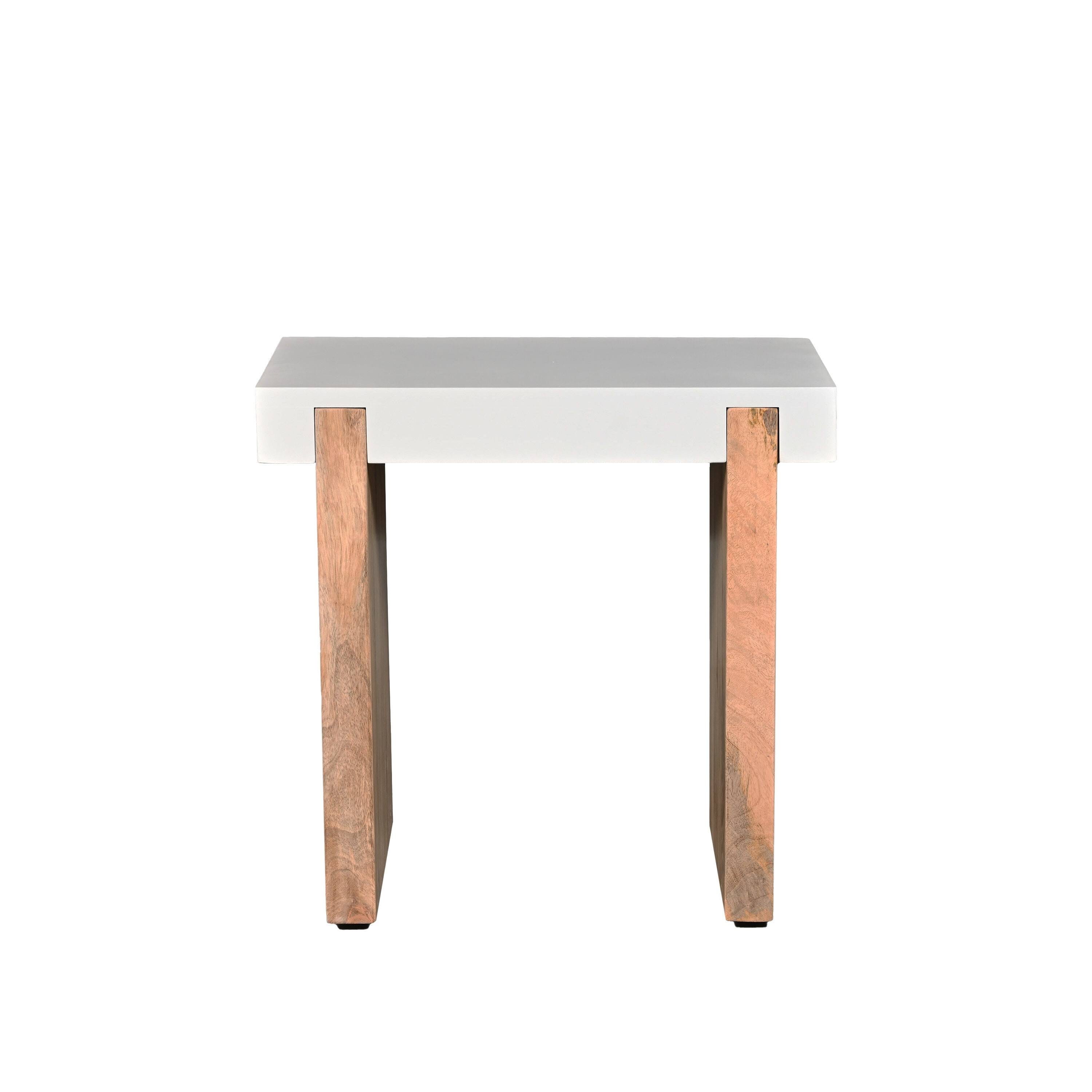 Mango Wood Sled Base End Side Table: Glossy White and Natural Brown | Image