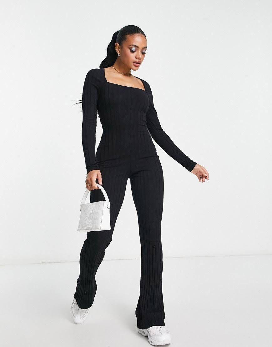 Black Long Sleeve Square Neck Ribbed Jumpsuit | Image