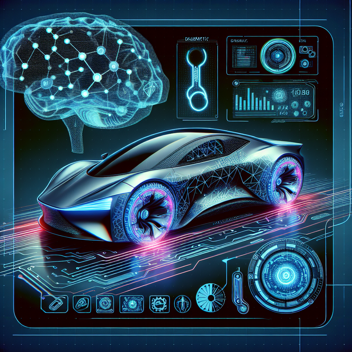 A futuristic car with abstract symbols and a diagnostic tool in the background.