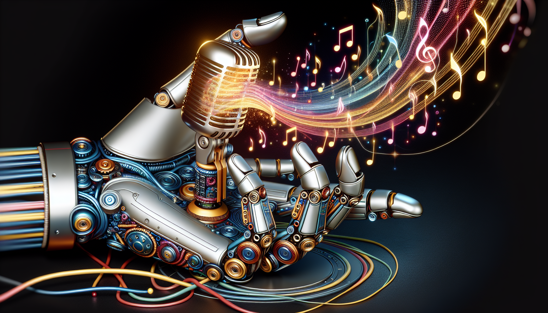 A robotic hand holding a glowing microphone with musical notes and lines symbolizing sound waves emanating from it.
