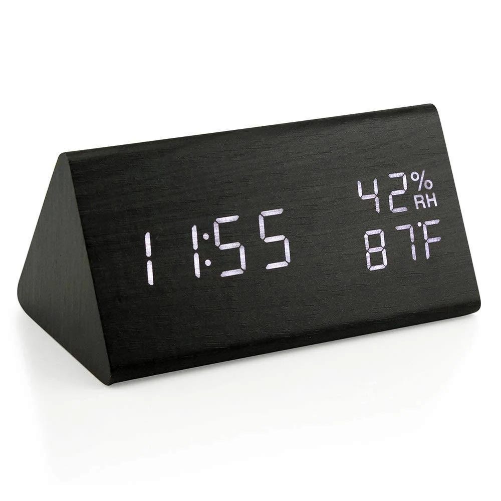 Sleek Wooden LED Alarm Clock with Voice Control and Temperature Display | Image
