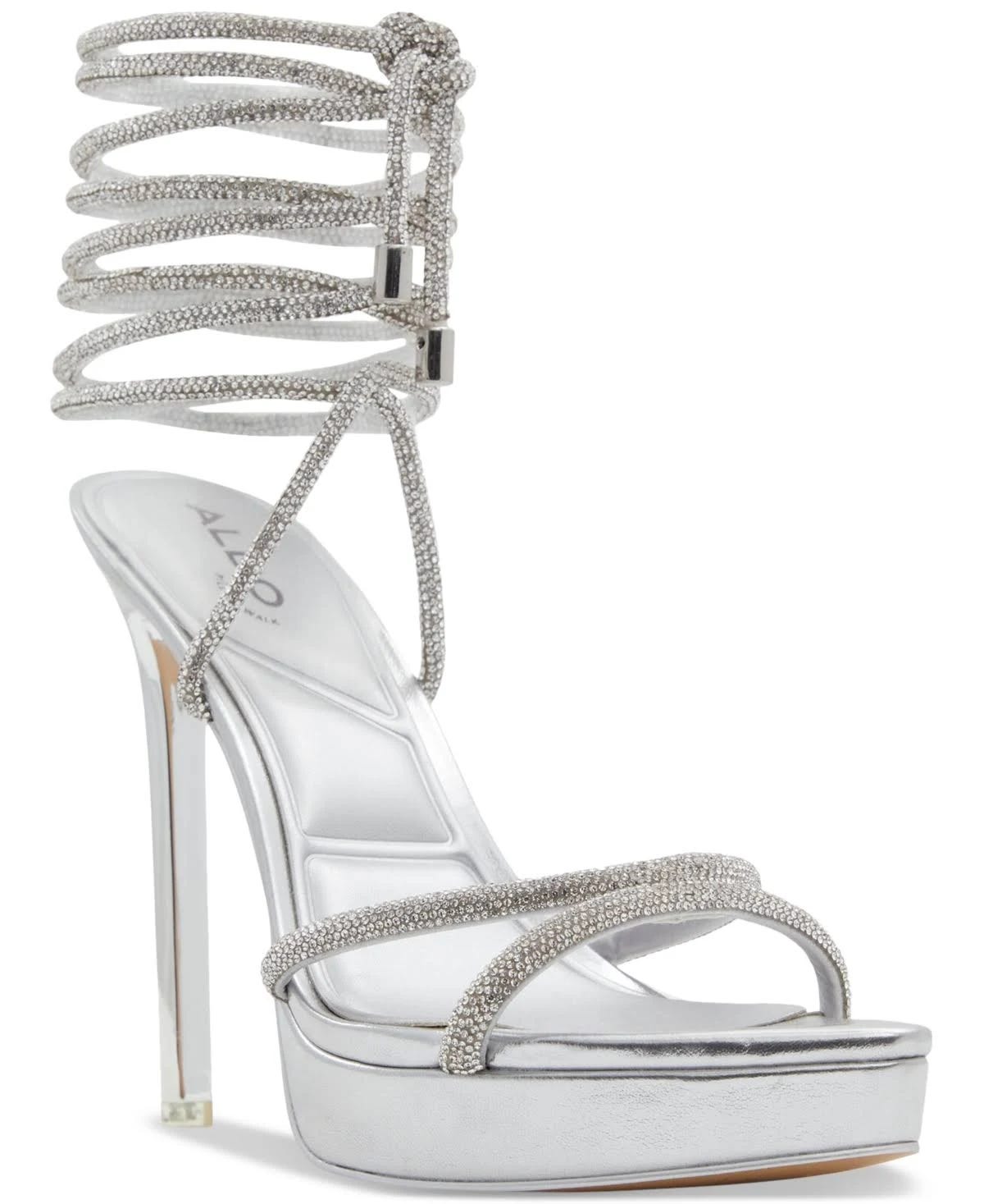 Silver Lace Up Sandals with Rhinestone Accents | Image