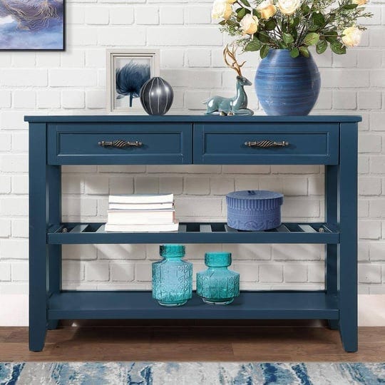 retro-and-modern-design-42-in-blue-rectangle-solid-wood-console-table-sofa-table-with-2-drawers-and--1