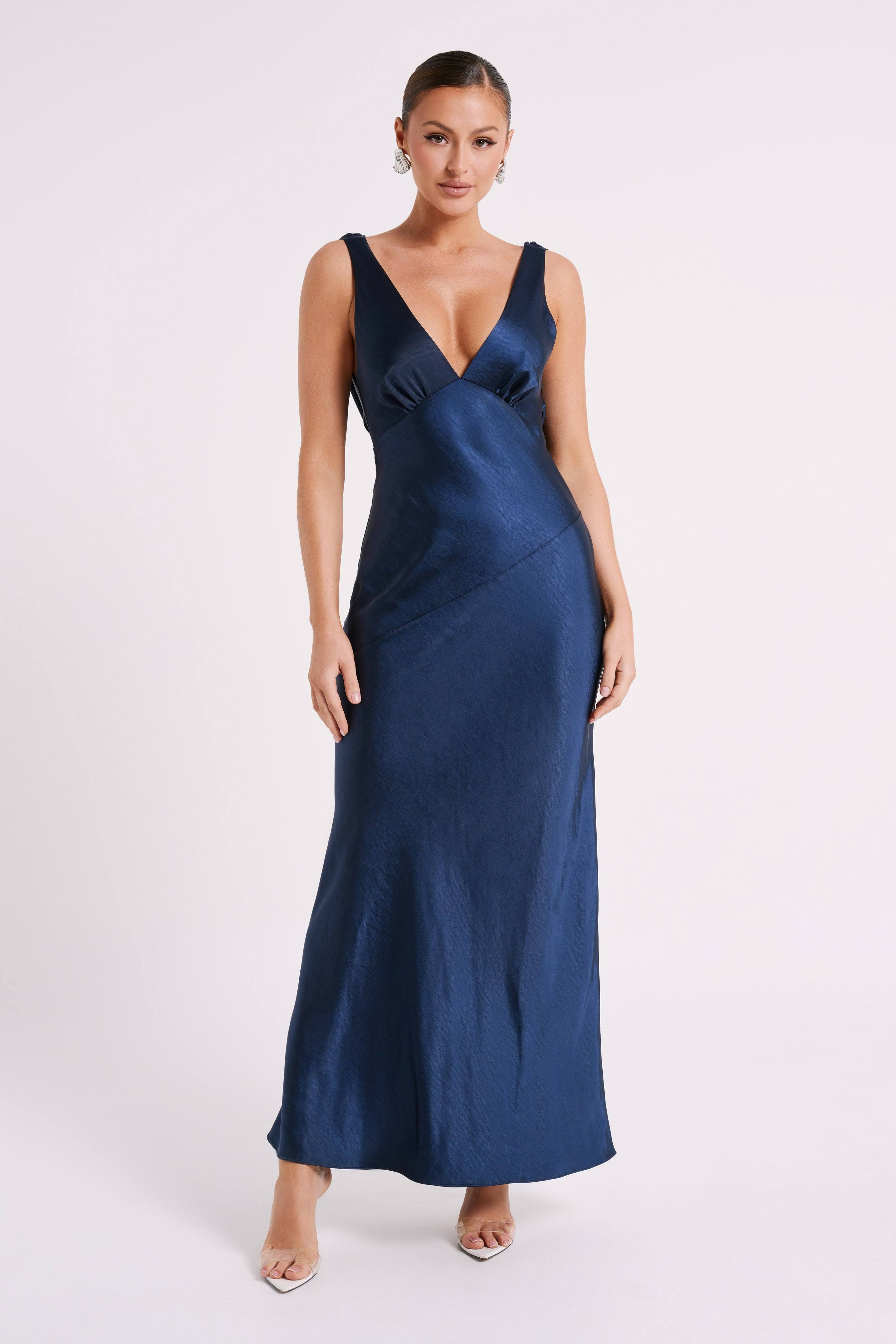 Navy V-Neck Cowl Back Maxi Satin Dress | Image