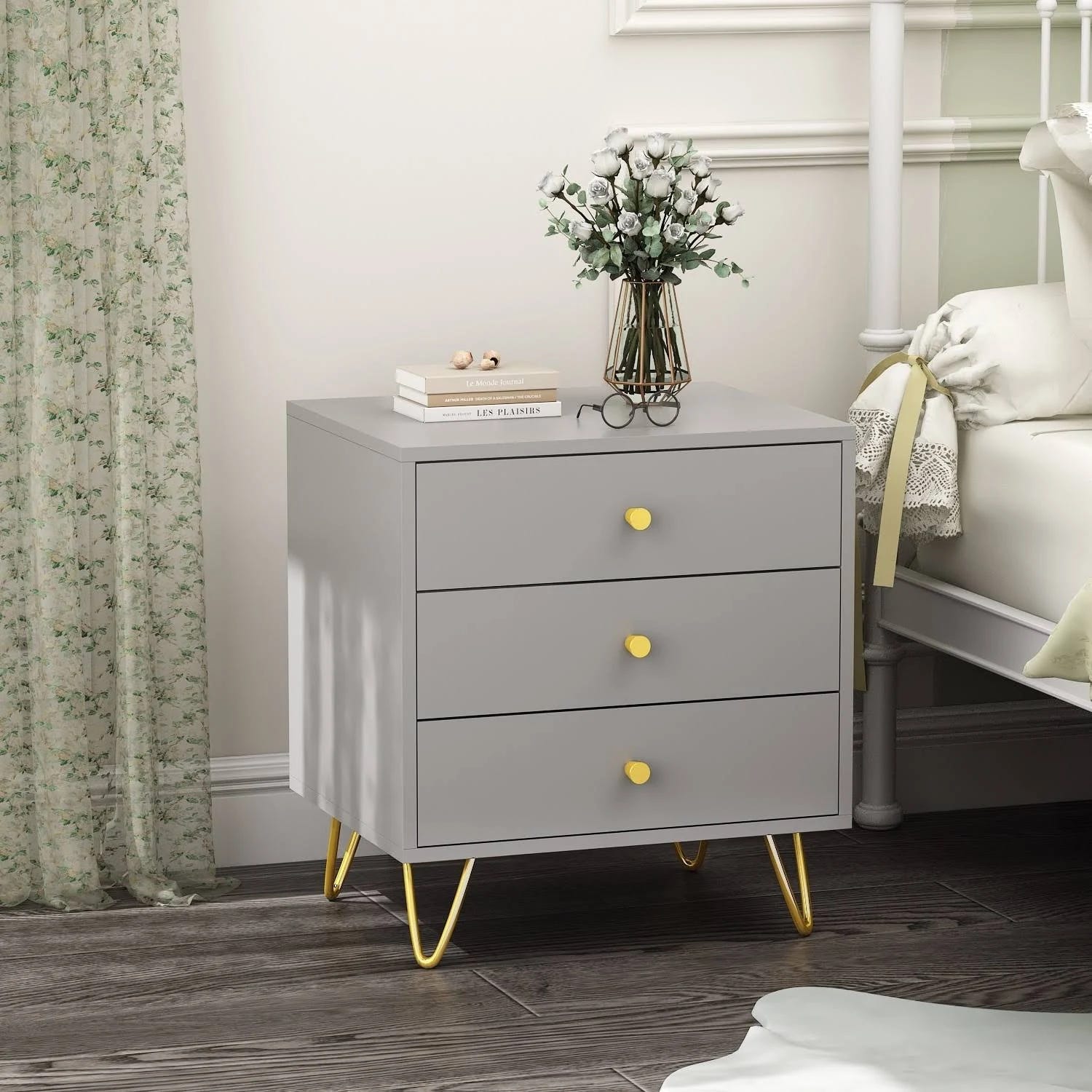 Classic Grey 3-Drawer Bedside Table with Metal Legs | Image