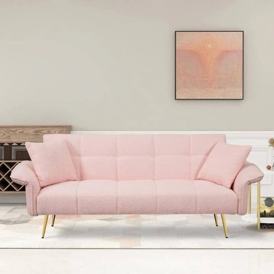 70-modern-pullout-sofa-bed-with-foldable-armrests-two-throw-pillows-pink-1