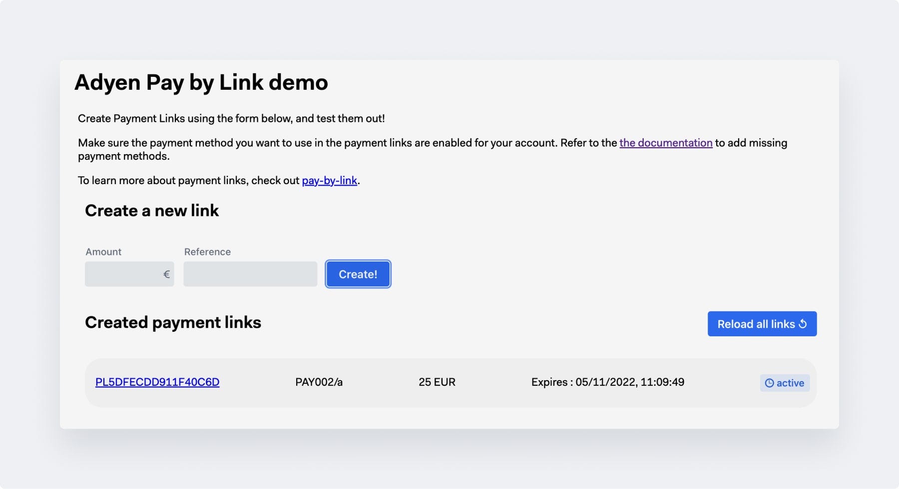 Pay by Link demo app screenshot