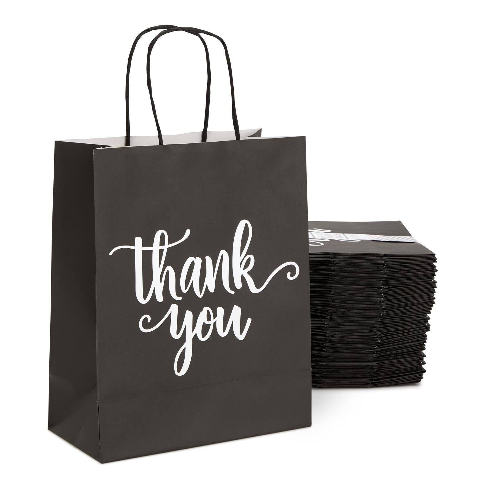 Medium Black Thank You Paper Bags with Handles - 50 Pack | Image
