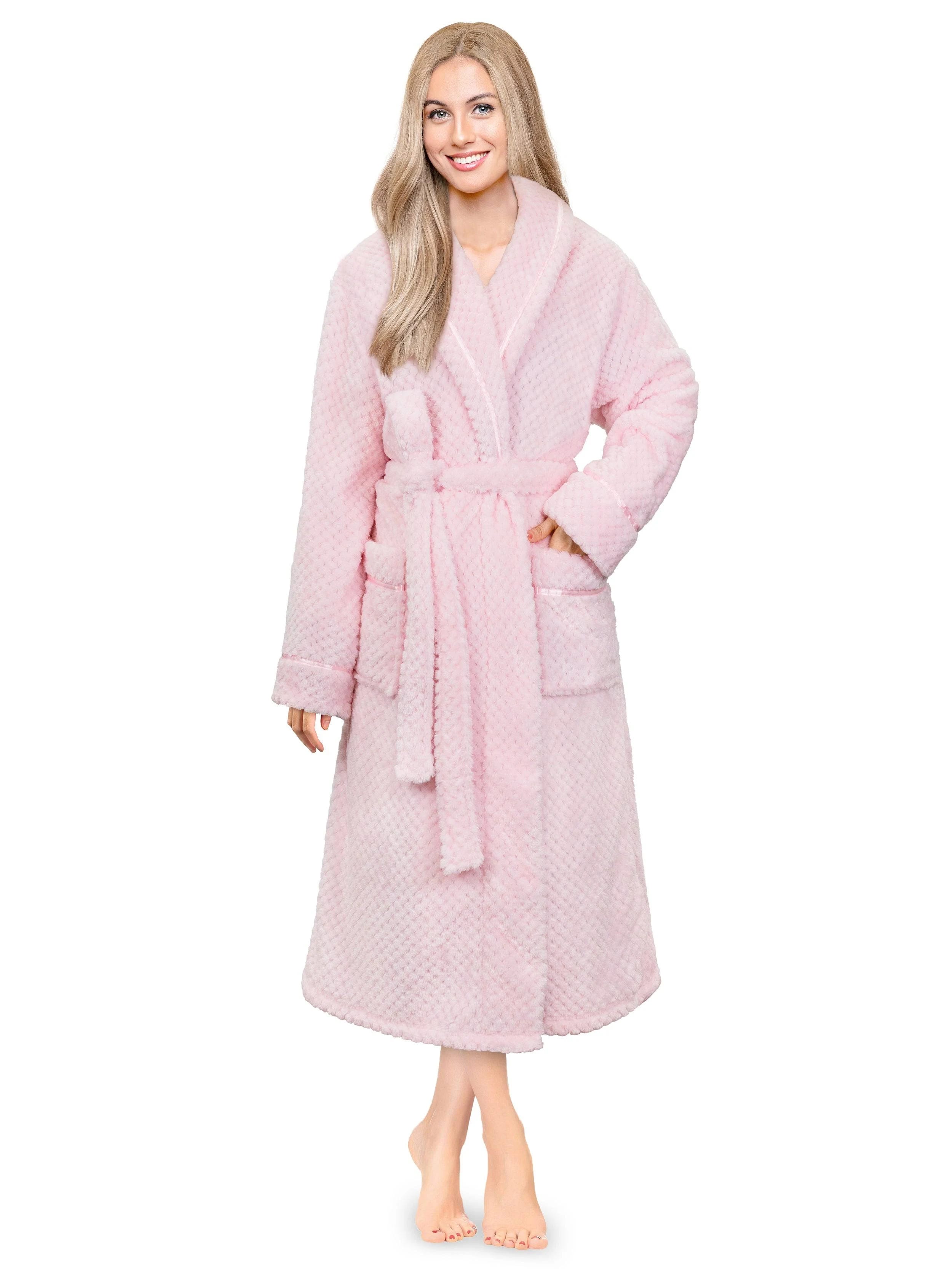 Soft Fleece Robe for Women: Light Pink with Satin Trim | Image
