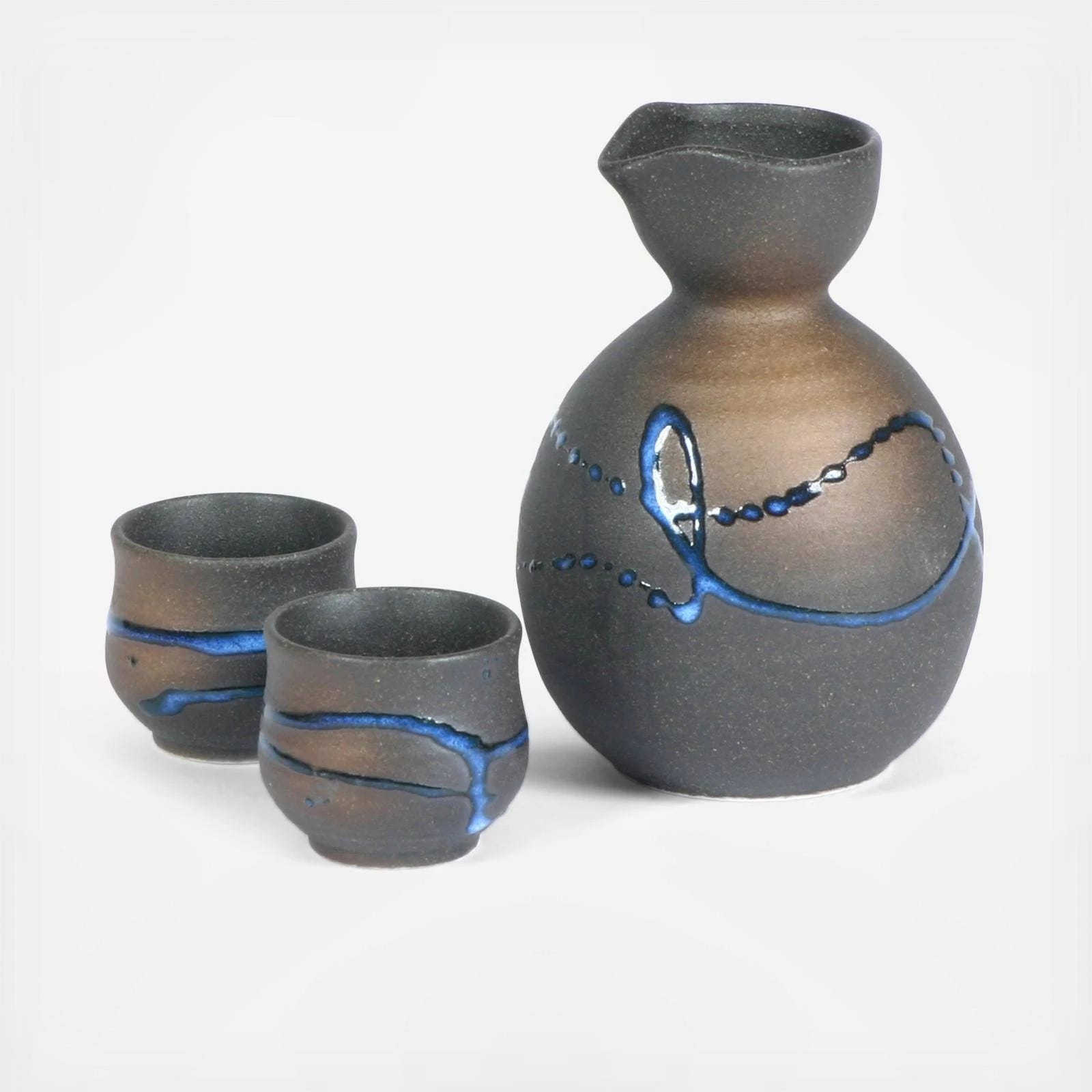 Miya Company Rough Brown Texture Sake Set with Blue Glaze | Image