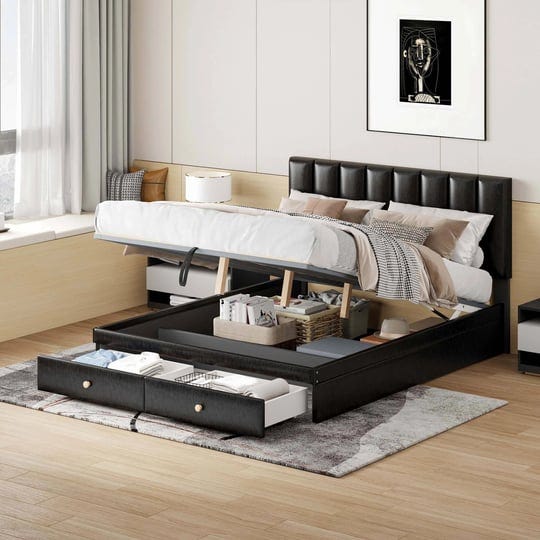 upholstered-bed-with-hydraulic-storage-system-and-drawer-black-queen-1