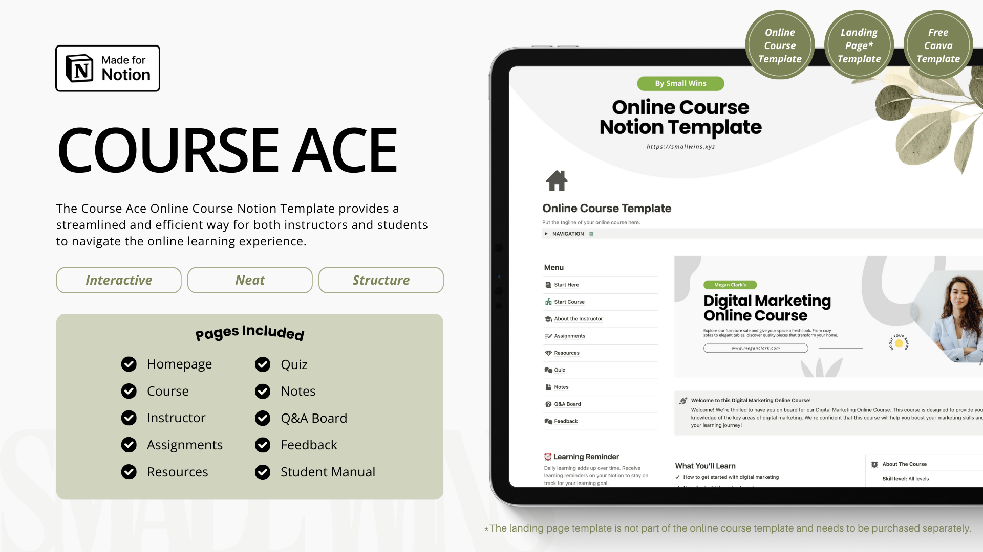 Course Ace by Small Wins  | Elcovia Marketplace | Notion Templates | Notion Creators