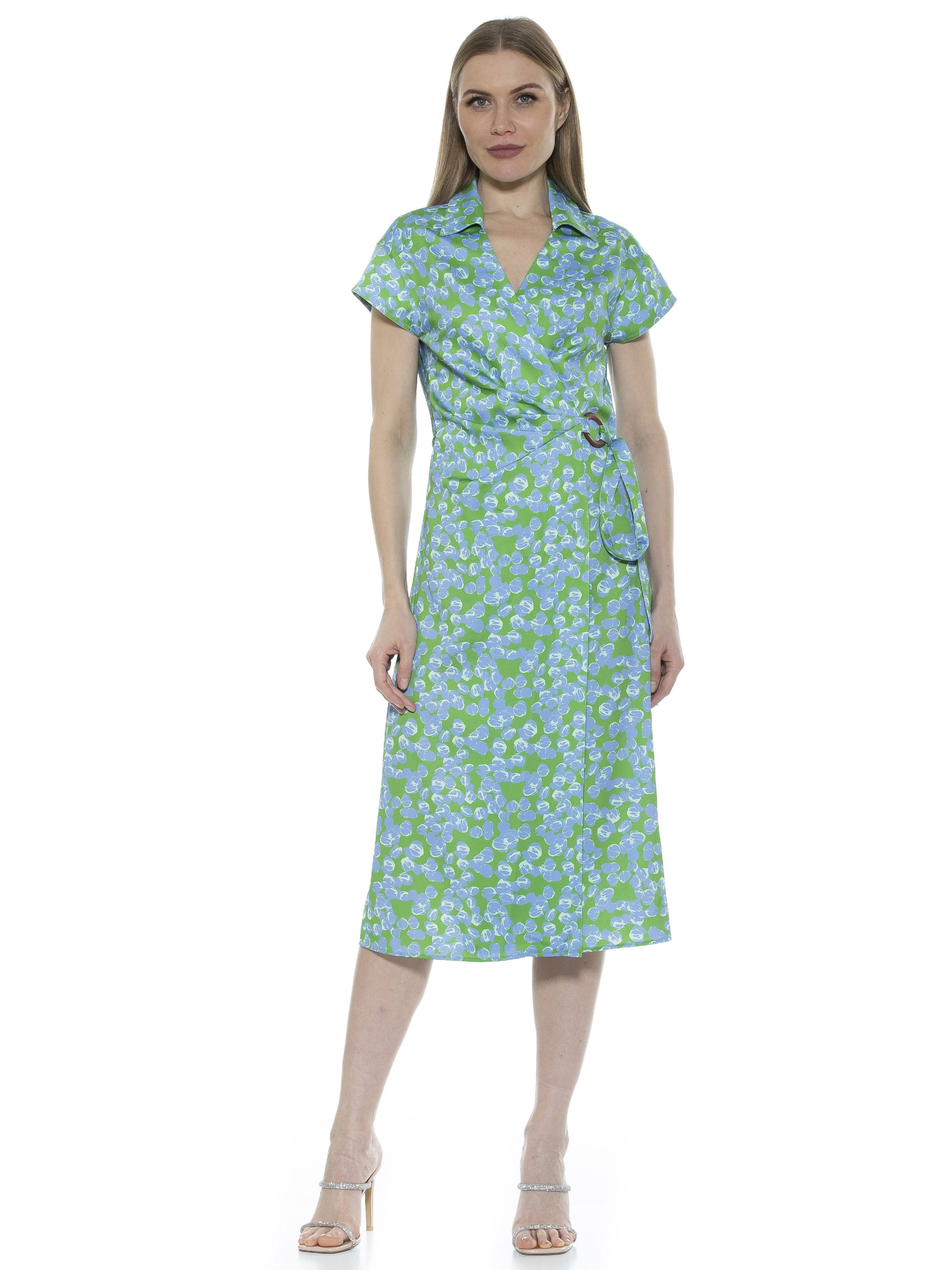 Elegant Green Surplice Wrap Midi Dress by Alexia Admor | Image