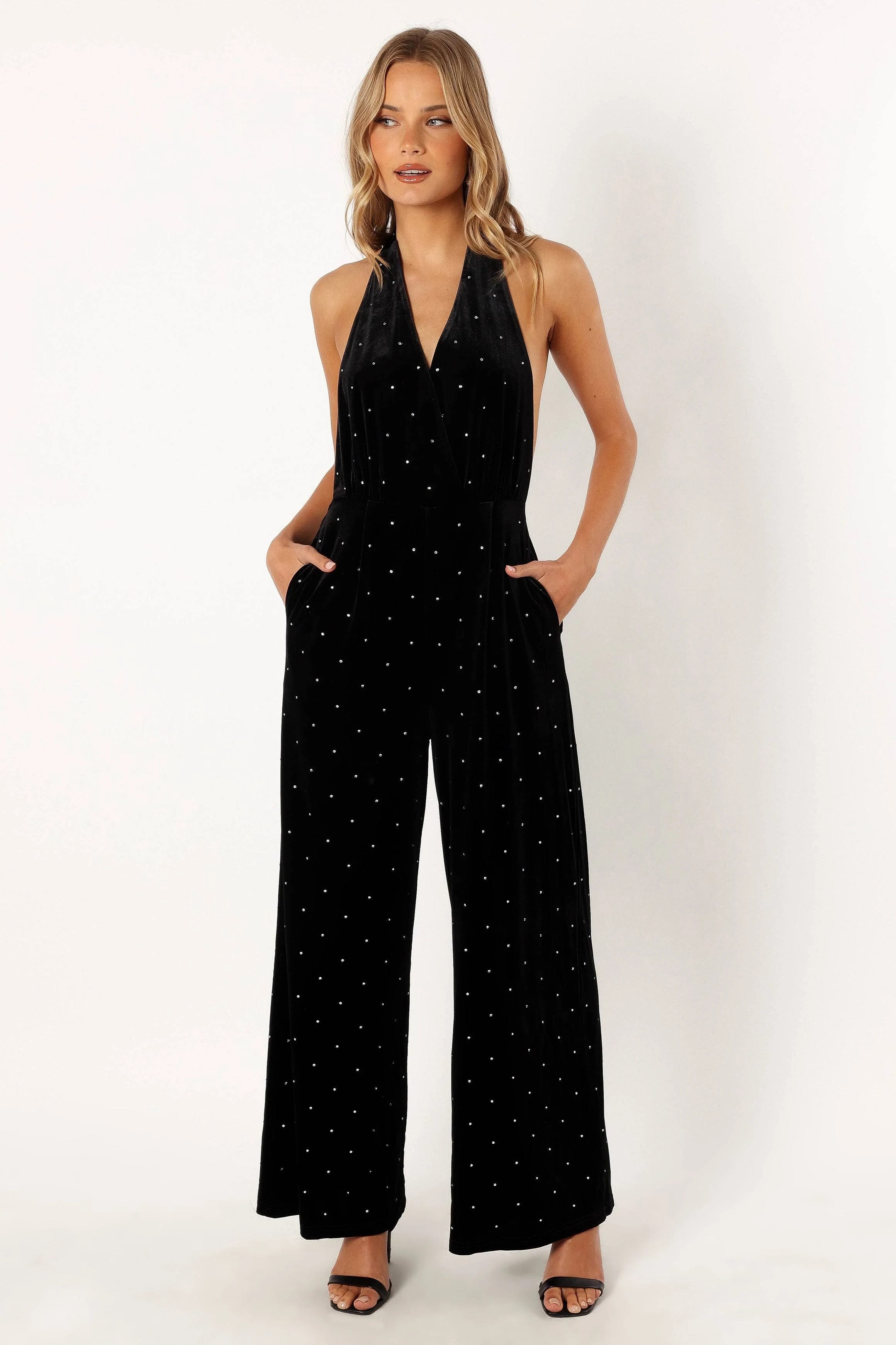 Embellished Black Pull-On Jumpsuit with Halter Neckline | Image