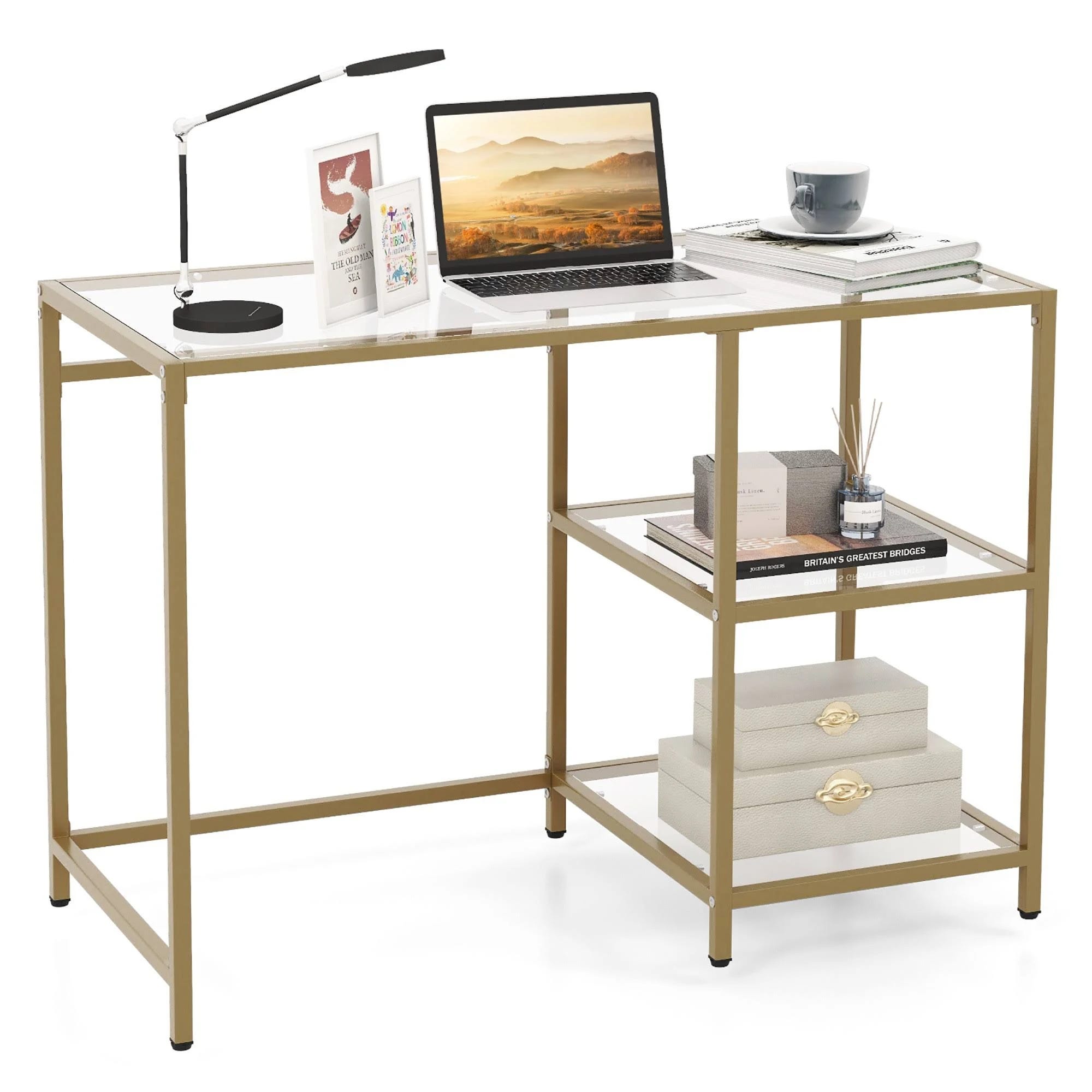 Tempered Glass Workstation with 2-Tier Storage and Non-Slip Adjustable Foot Pads | Image