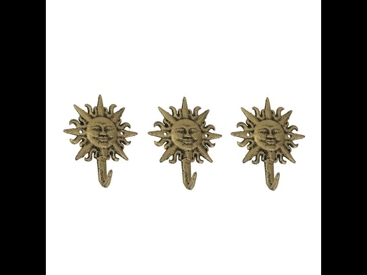 zeckos-set-of-3-cast-iron-gold-sun-face-decorative-wall-hooks-towel-coat-hanger-rack-size-5-76
