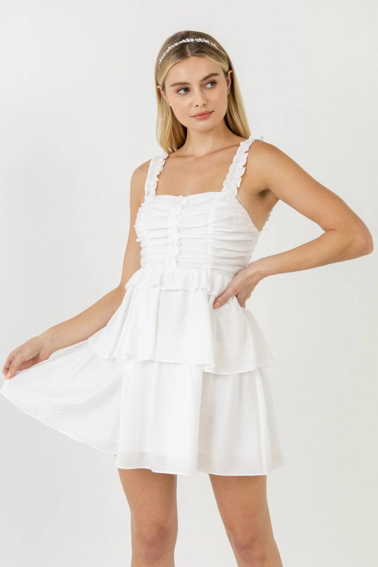 Elegant White Corset Mini Dress with Ruffles and Side Zipper | Image