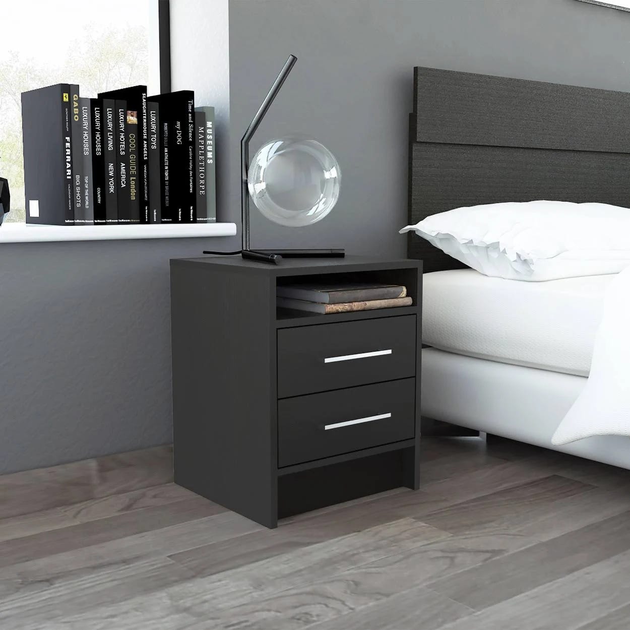 Modern Black Nightstand with Two Drawers | Image