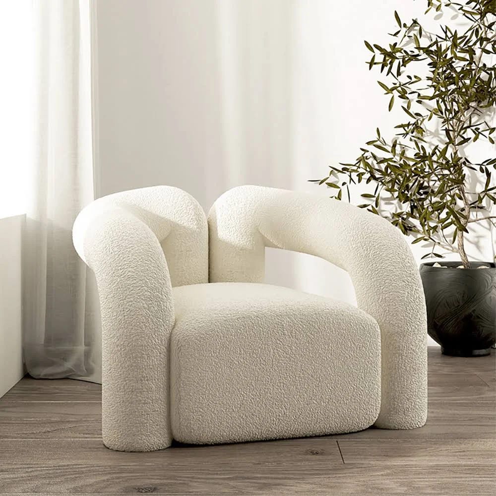 Comfy Shaggy Armchair for Home Accents: Japandi White Boucle Design | Image