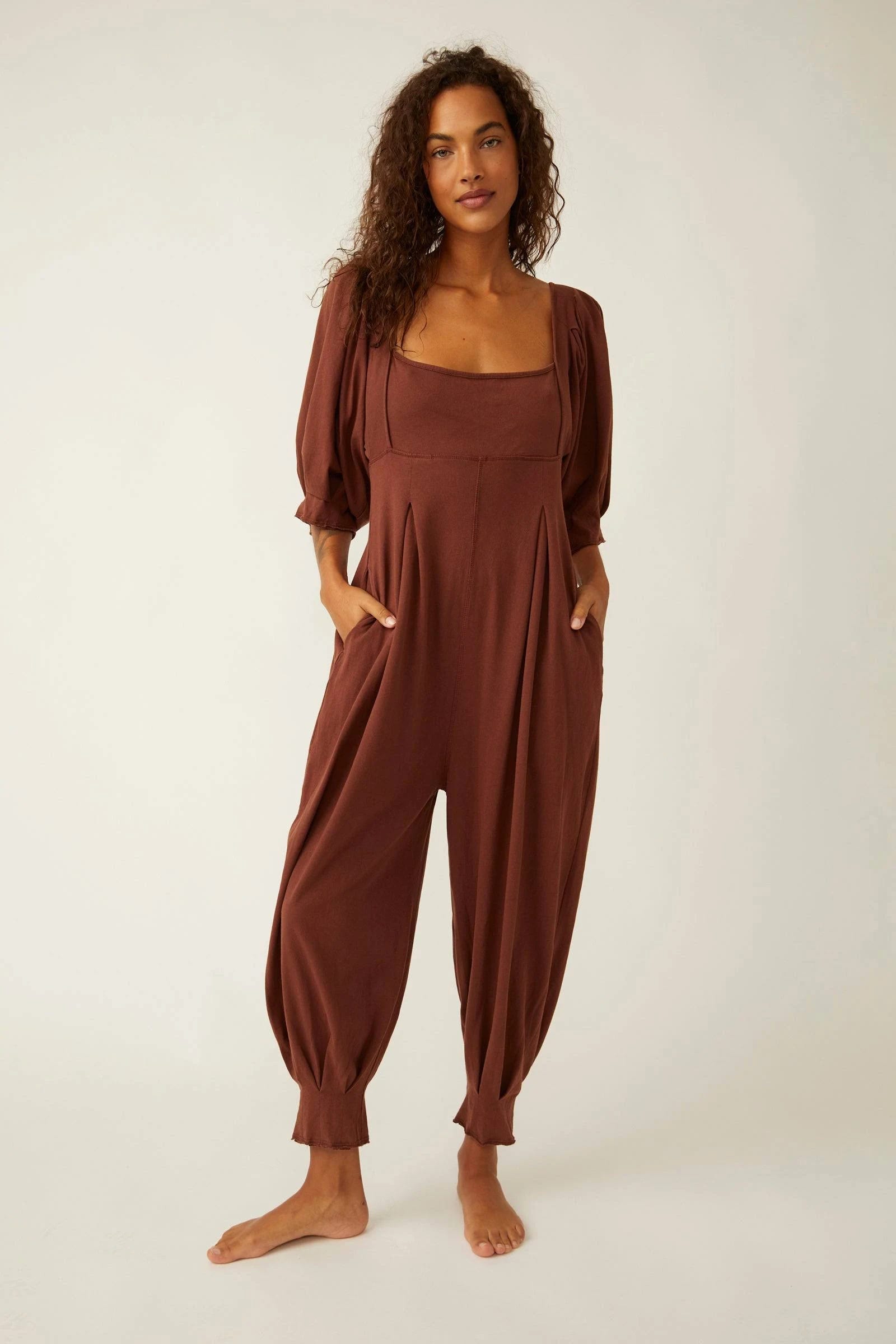 Lotta Love Brown Jumpsuit with Volume Sleeves and Soft Square Neckline | Image