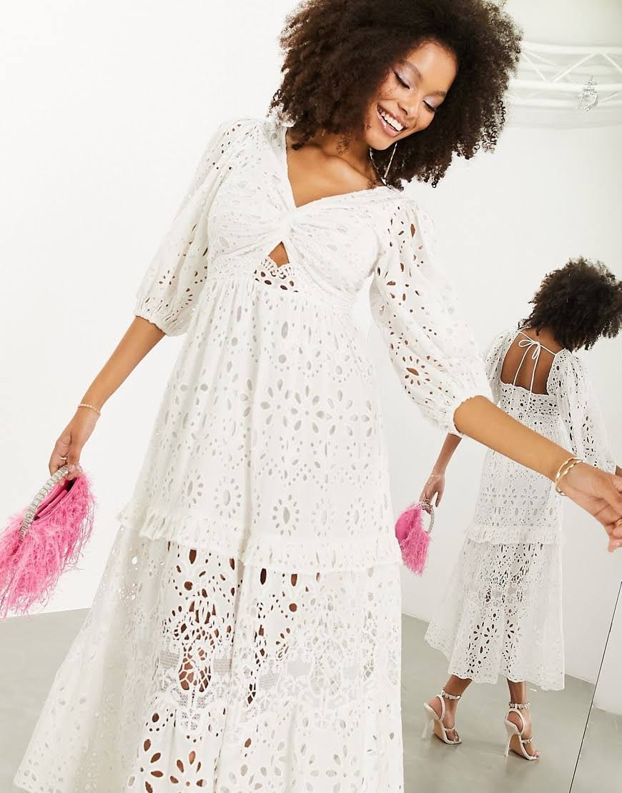 Eyelet Embroidered White Puff Sleeve Dress | Image