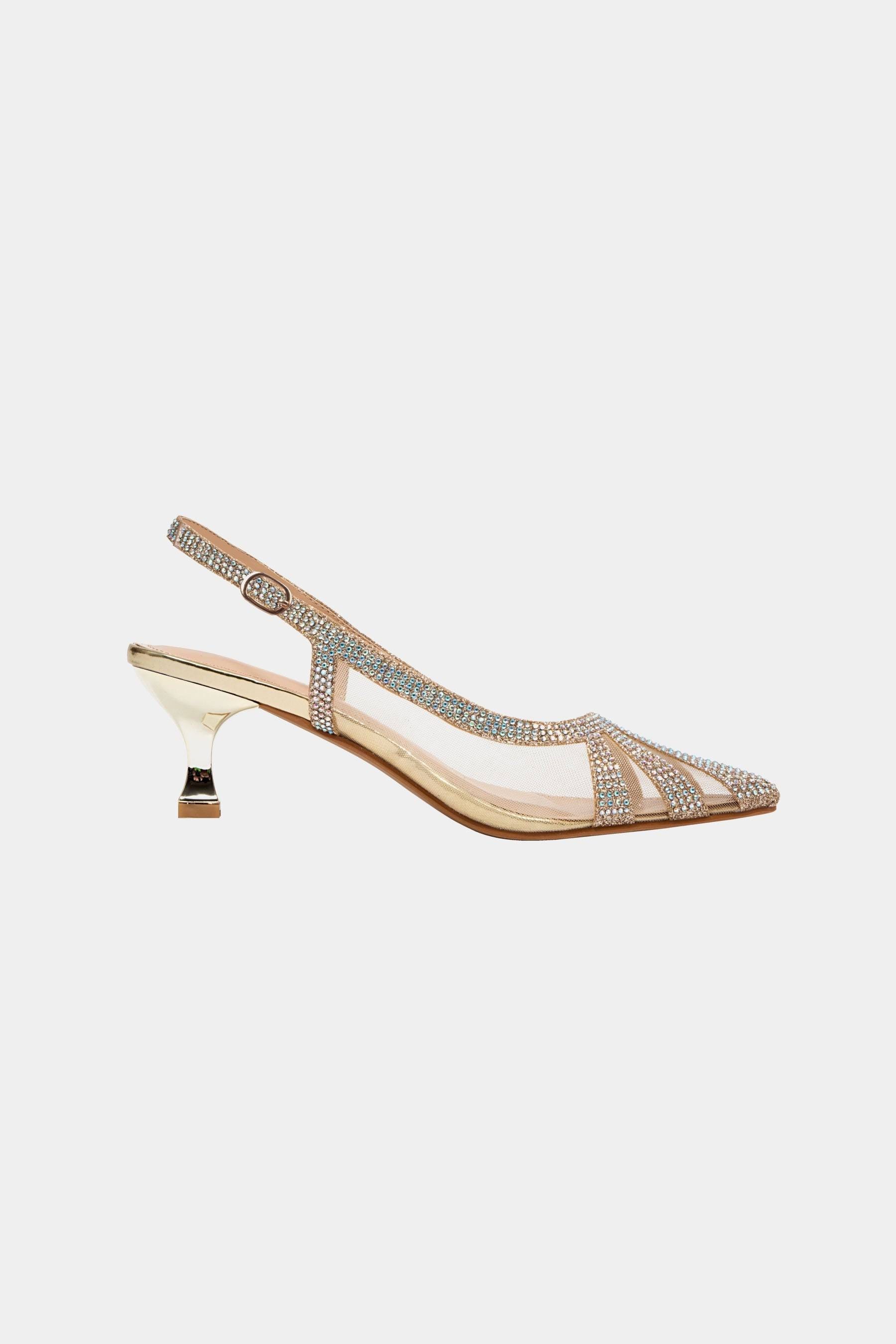 Macy Pump: Glamorous Gold Pointed Toe Pumps with Adjustable Strap | Image