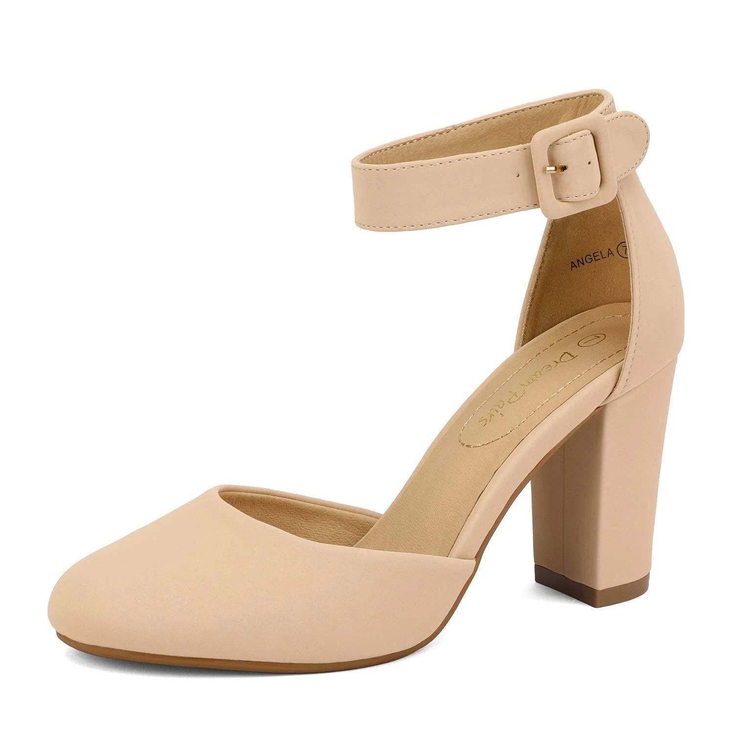 Dressy Nude Block Heel Pumps with Latex Footbed: Adjustable Buckle Strap | Image