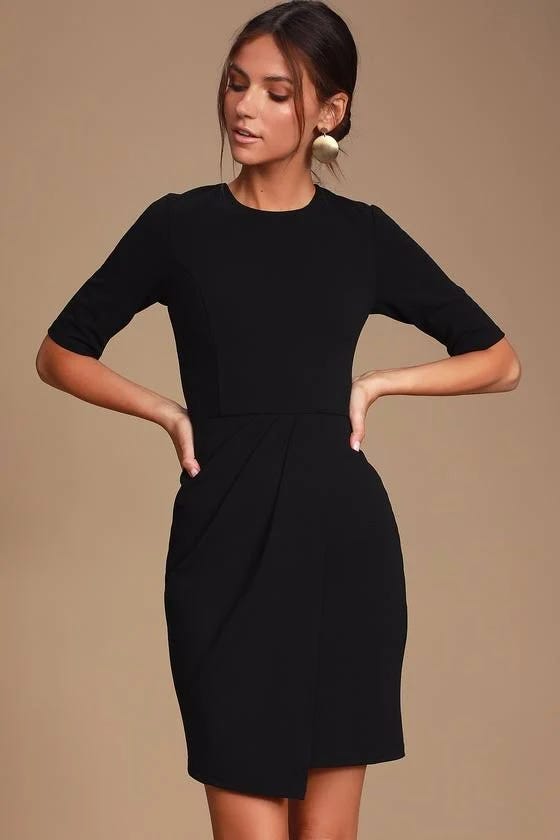 Sleek Black Crew Neck Half Sleeve Mini Dress for Women | Image