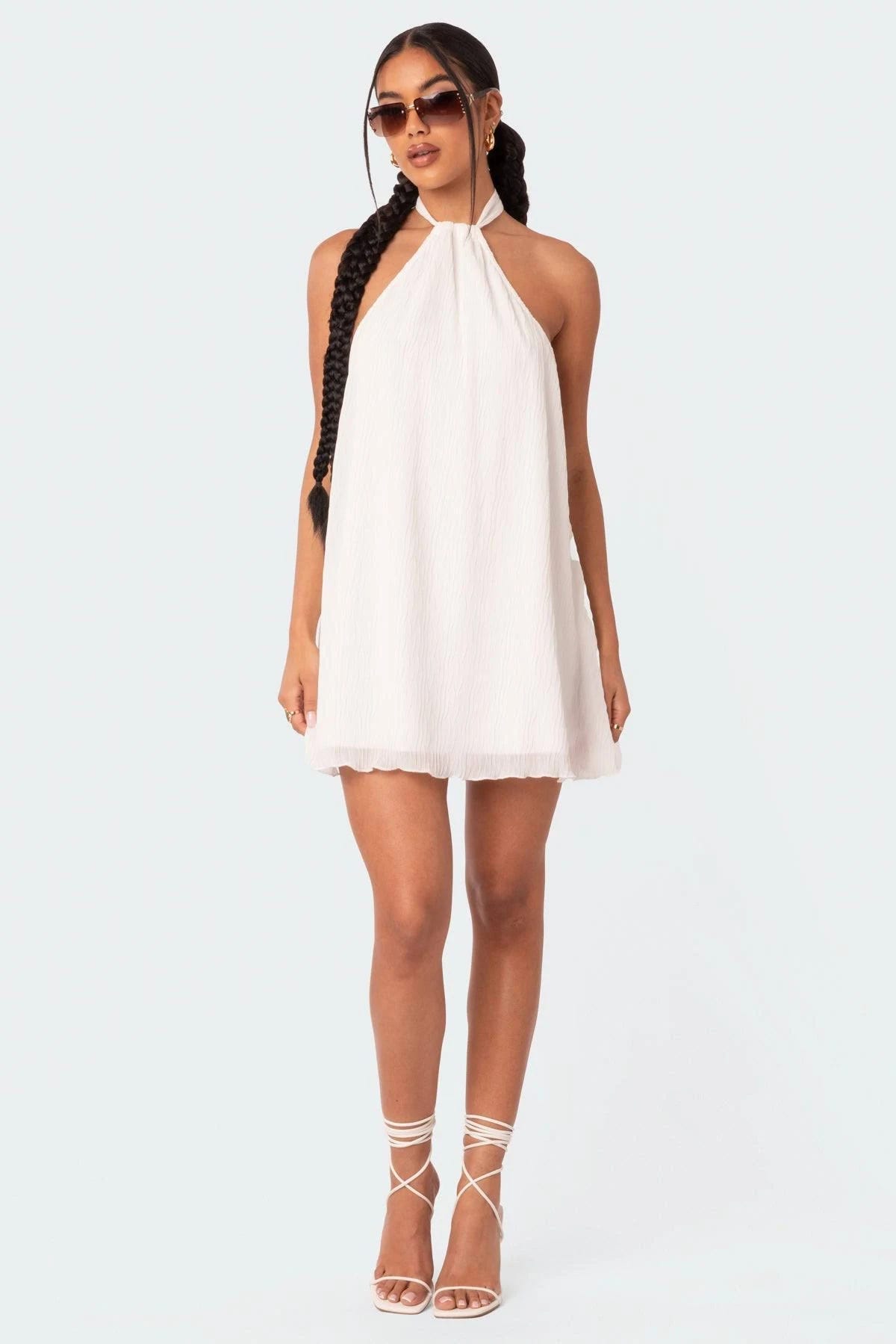 Open-Back White Halter Mini Dress | Image